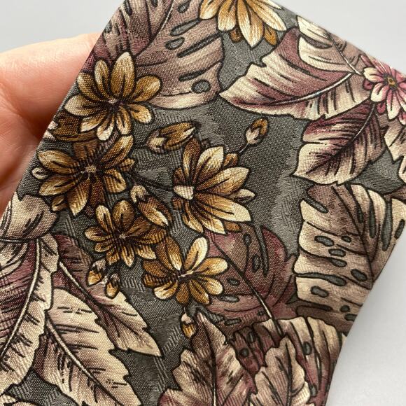 Oscar De La Renta Tie Muted Tropical Floral Pattern Necktie Grey Purple Jacquard - Picture 6 of 6